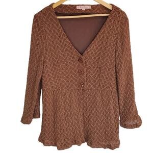 Young Essence Brown Loose Knit Long Sleeve Flowy 3 Button Cardgan Sweater Large